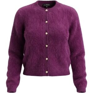 Calligraphie Womens Purple Fuzzy Eyelash Knit Faux Pearl Button Cardigan Size M